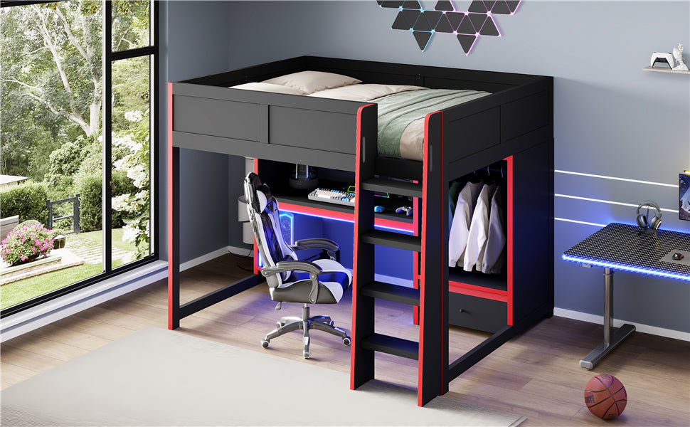 Wood Full Size Gaming Loft Bed with Built-in Desk, Wardrobe, LED and Drawer