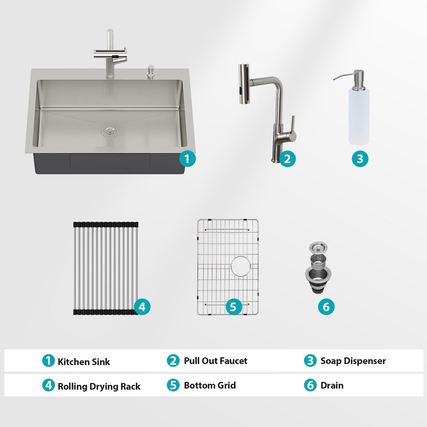33" Drop-in Kitchen Sink with Pull-out Faucet and Soap Dispenser