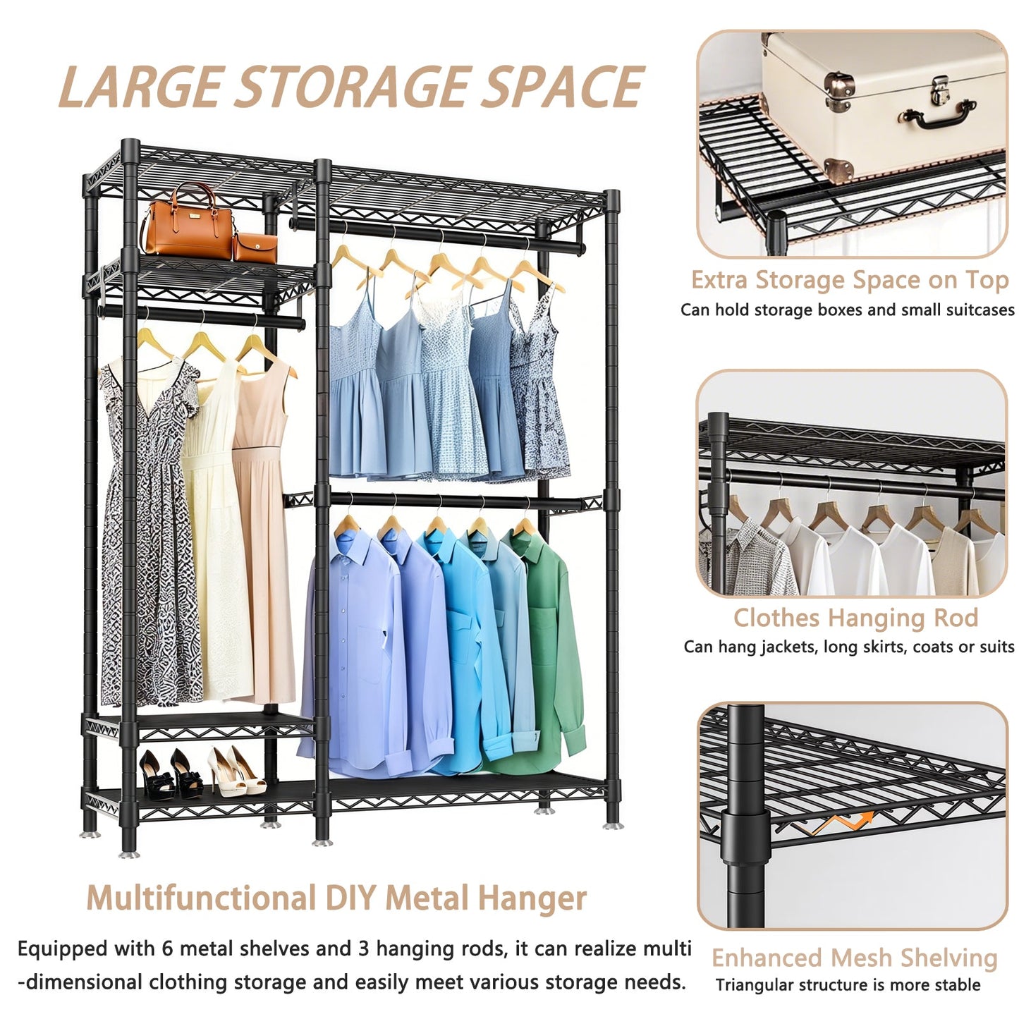 Heavy Duty Clothes Rack, Freestanding Closet Organizer