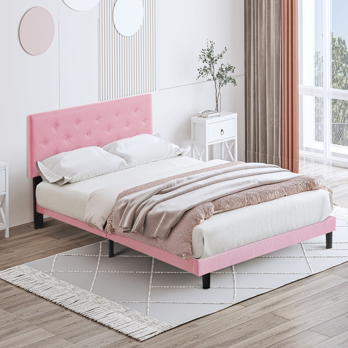 Queen Size Upholstered Platform Bed Frame with Modern Button Tufted