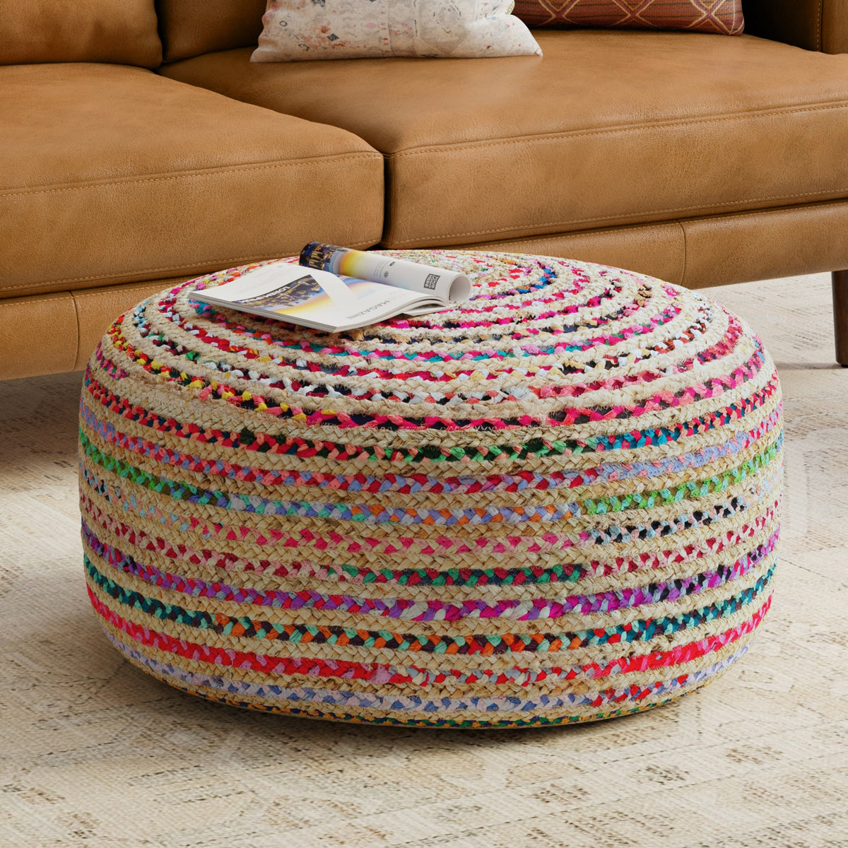 Margo 30 Inch Wide Round Pouf in Multi-Color Handwoven Jute and Cotton