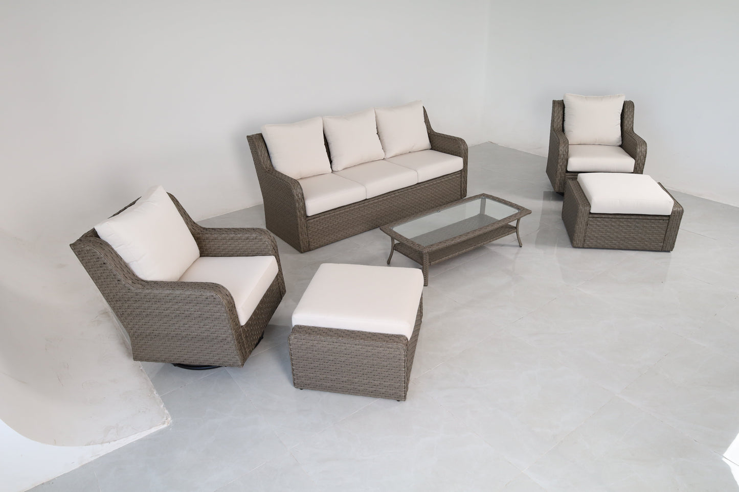 Luxury Rattan Patio Conversation Set – Includes 2 Swivel Chairs, Sofa, Coffee Table, And 2 Ottomans With Premium