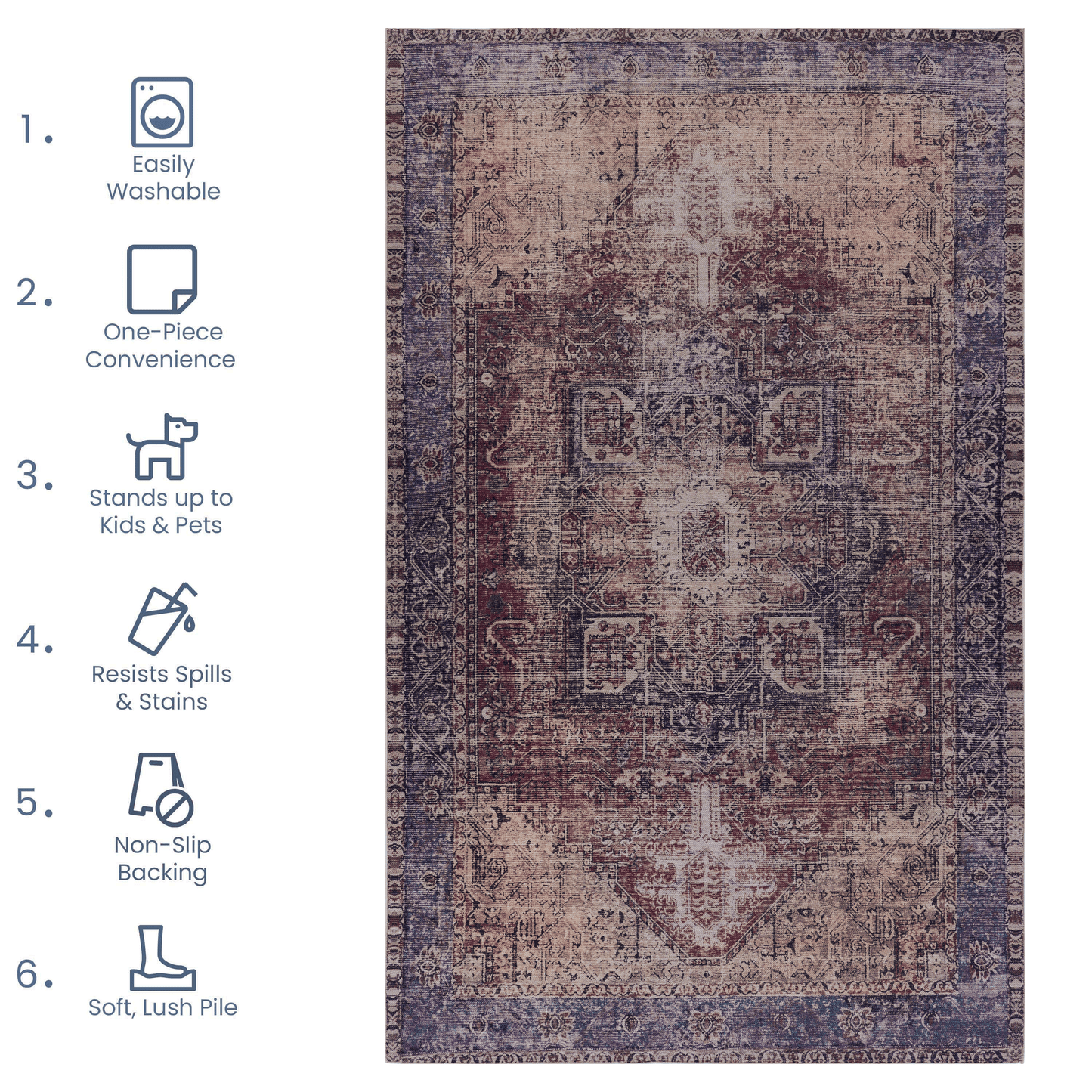 Maval Burgundy Washable 3x5 Area Rug