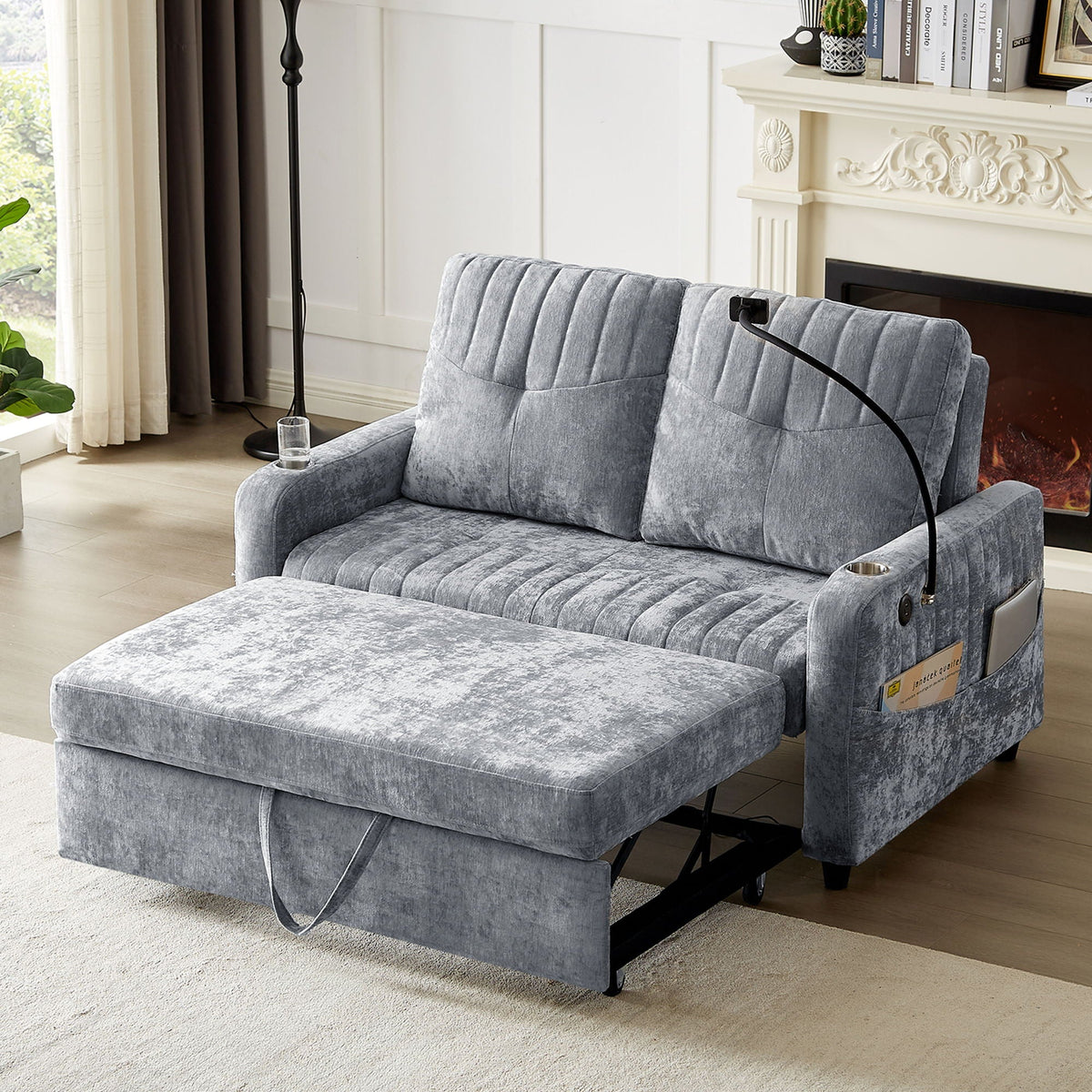 Modern Loveseat Pull Out Sofa Bed With Adjustable Backrest, Two Cup Holders, A Phone Holder, Three Charging - view 4