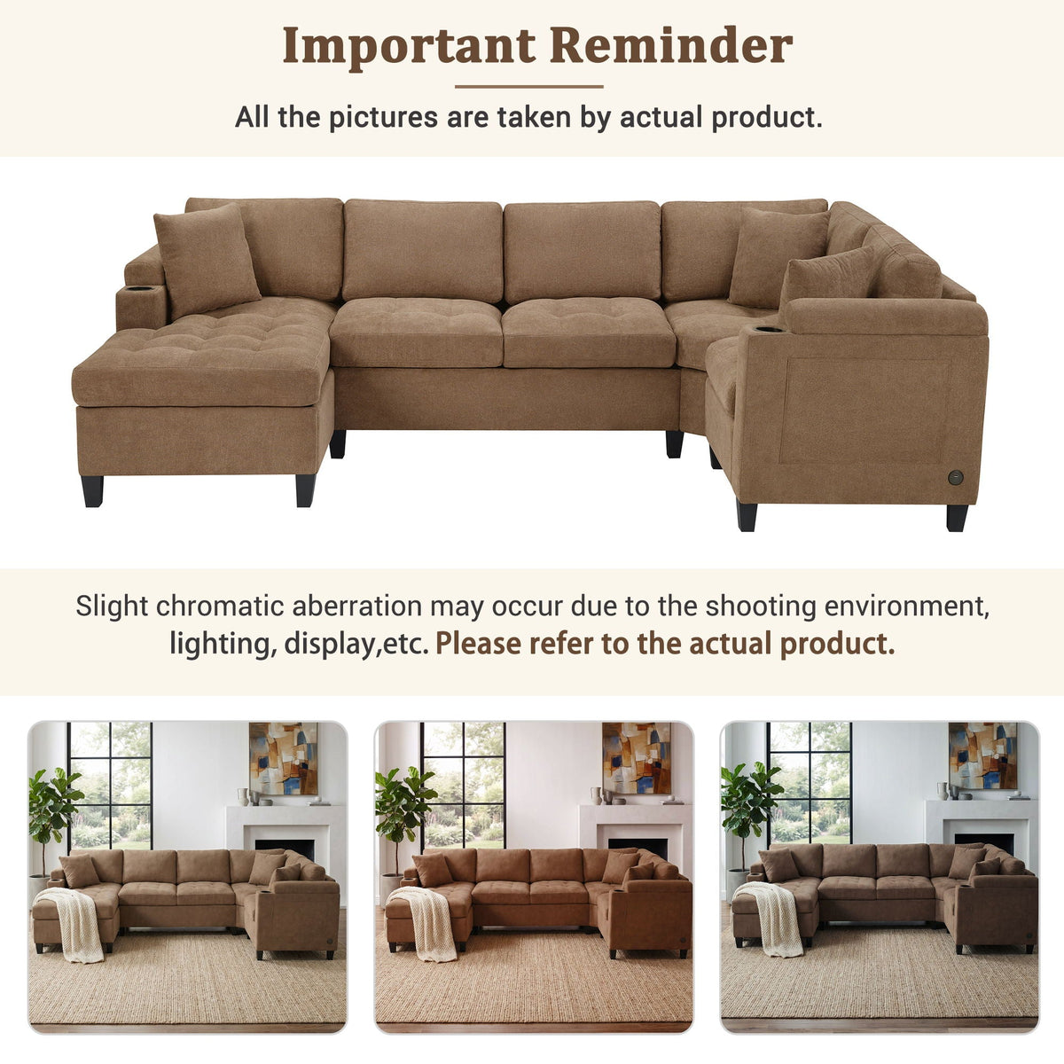 U Shaped Sectional Sofa, Corner Living Room Couch With Built In Cup Holders, Storage, USB Ports - view 5