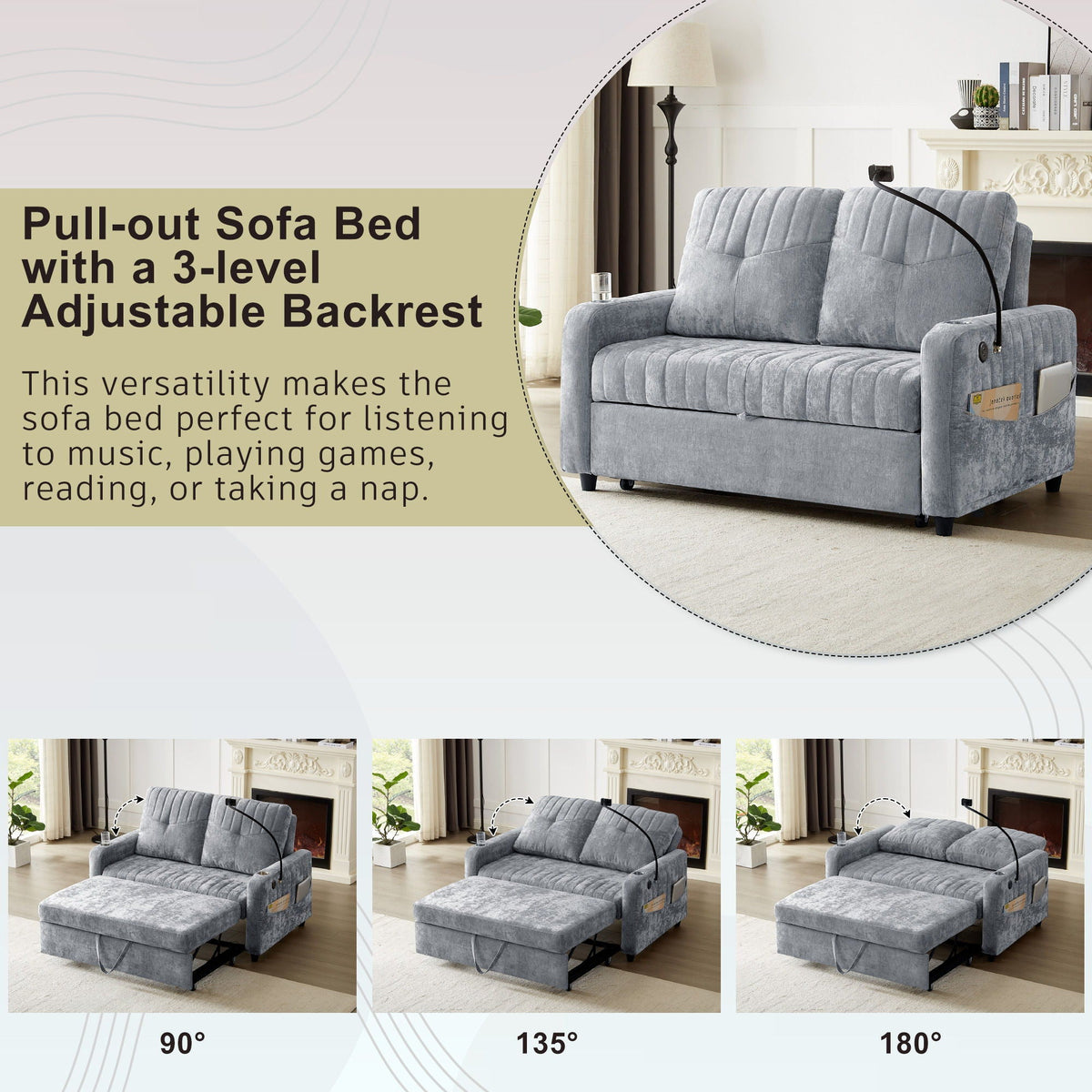 Modern Loveseat Pull Out Sofa Bed With Adjustable Backrest, Two Cup Holders, A Phone Holder, Three Charging - view 5