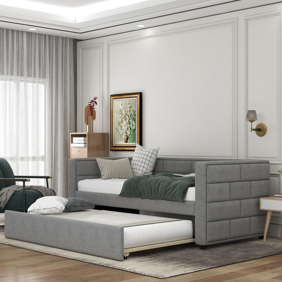 Twin Size Daybed with Trundle, Upholstered Daybed with Padded Back