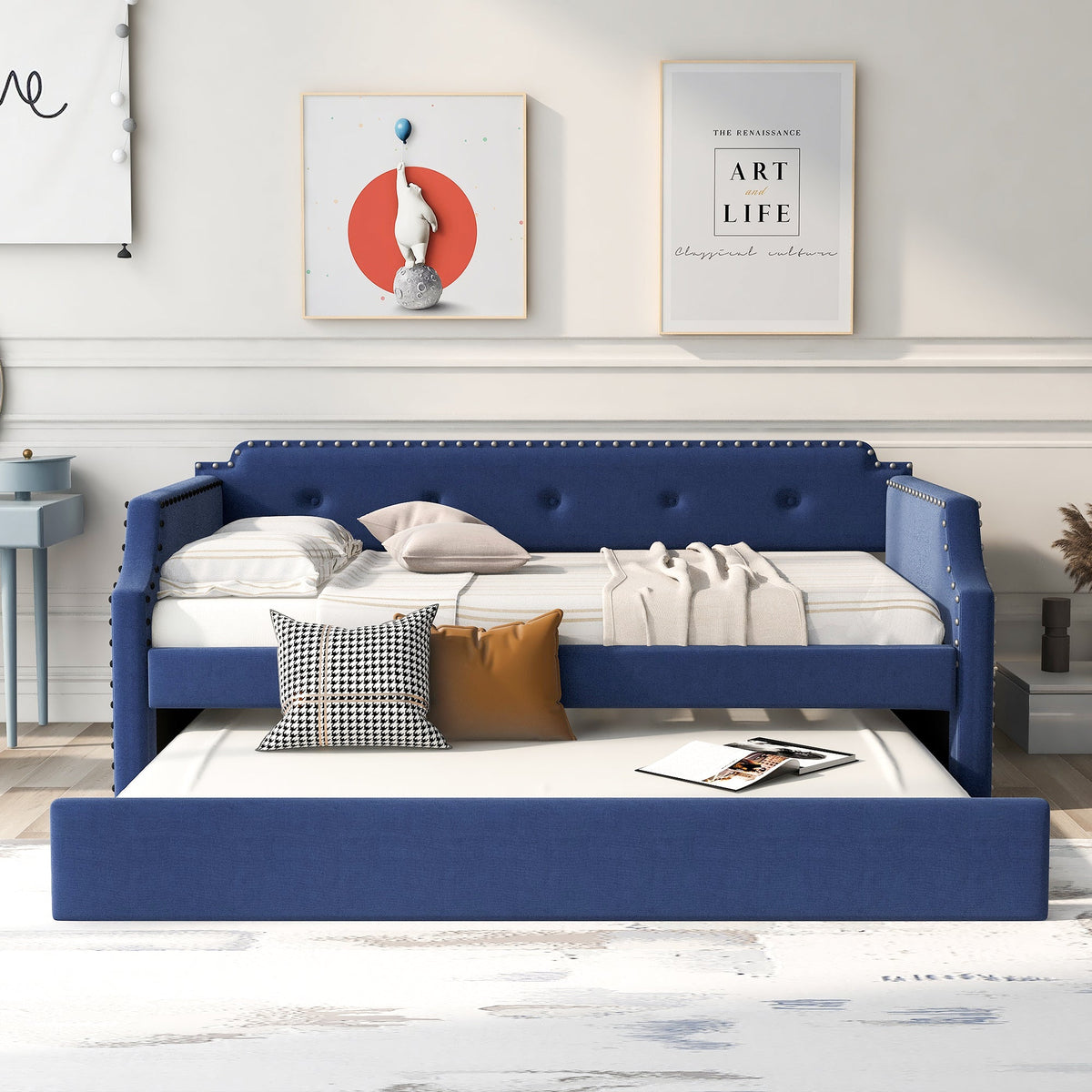 Upholstered Daybed with Trundle, Wood Slat Support, Twin Size