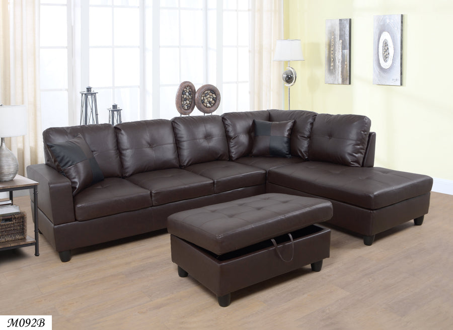 3 PC Sectional Sofa Set - Brown Faux Leather