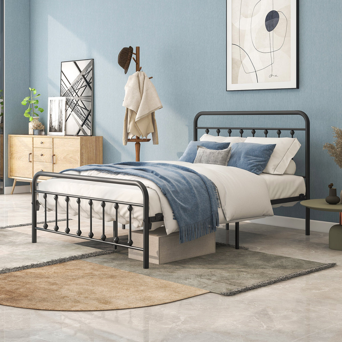 Metal Platform Bed Frame with Victorian Style Headboard