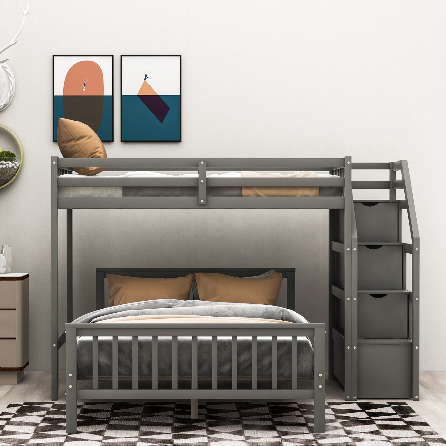 Twin Over Full Loft Bed with Staircase, Gray