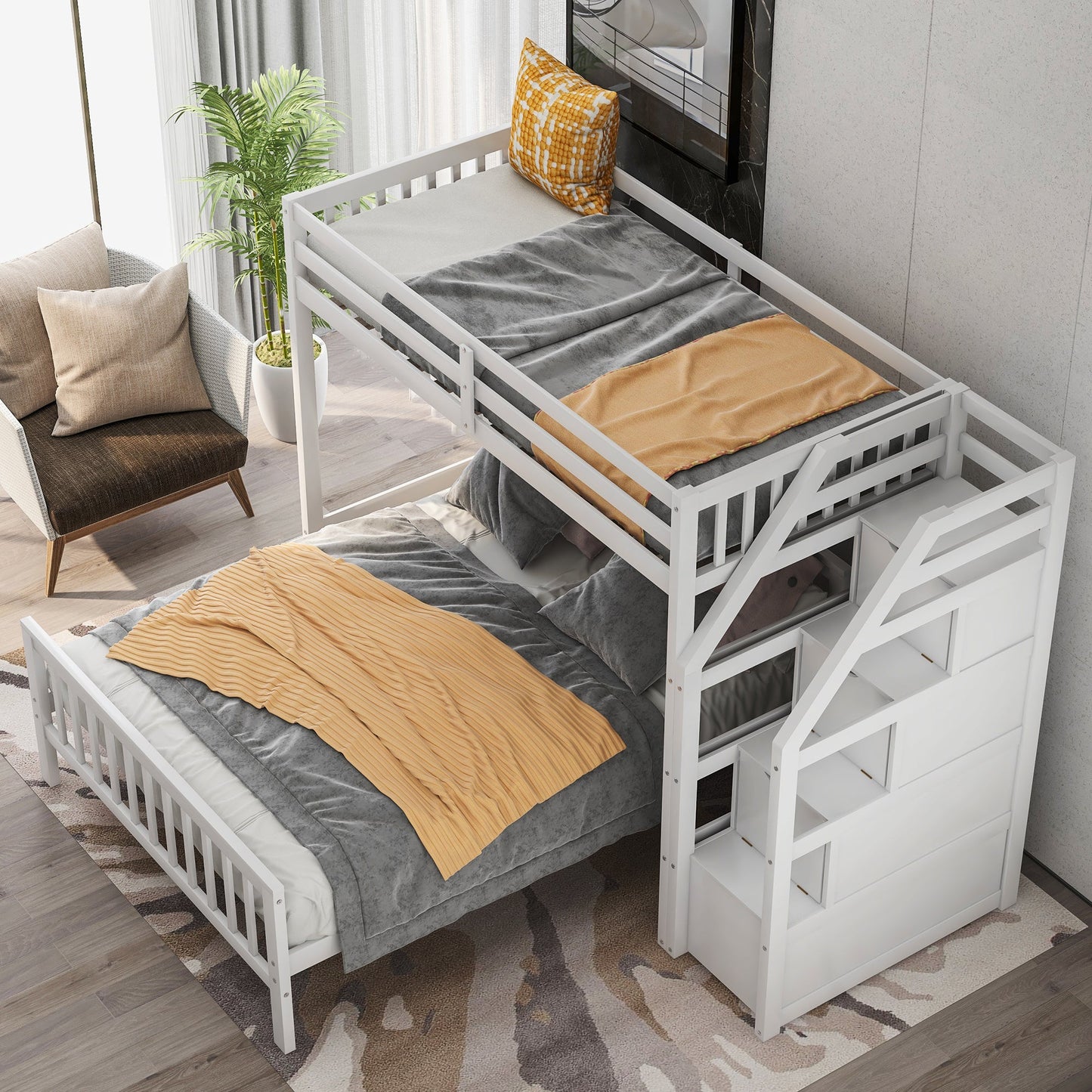 Twin Over Full Loft Bed with Staircase, White