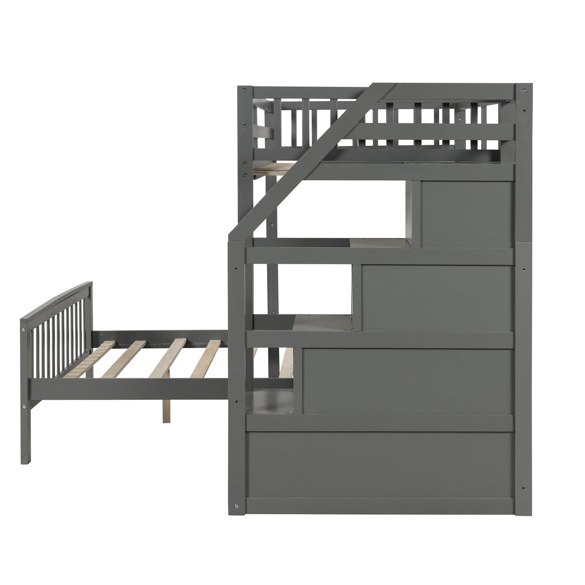 Twin Over Full Loft Bed with Staircase, Gray