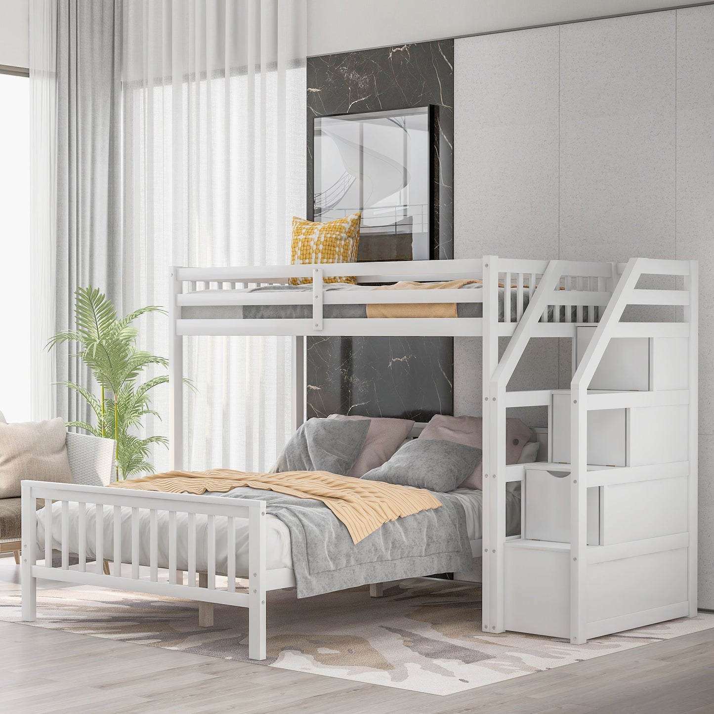 Twin Over Full Loft Bed with Staircase, White
