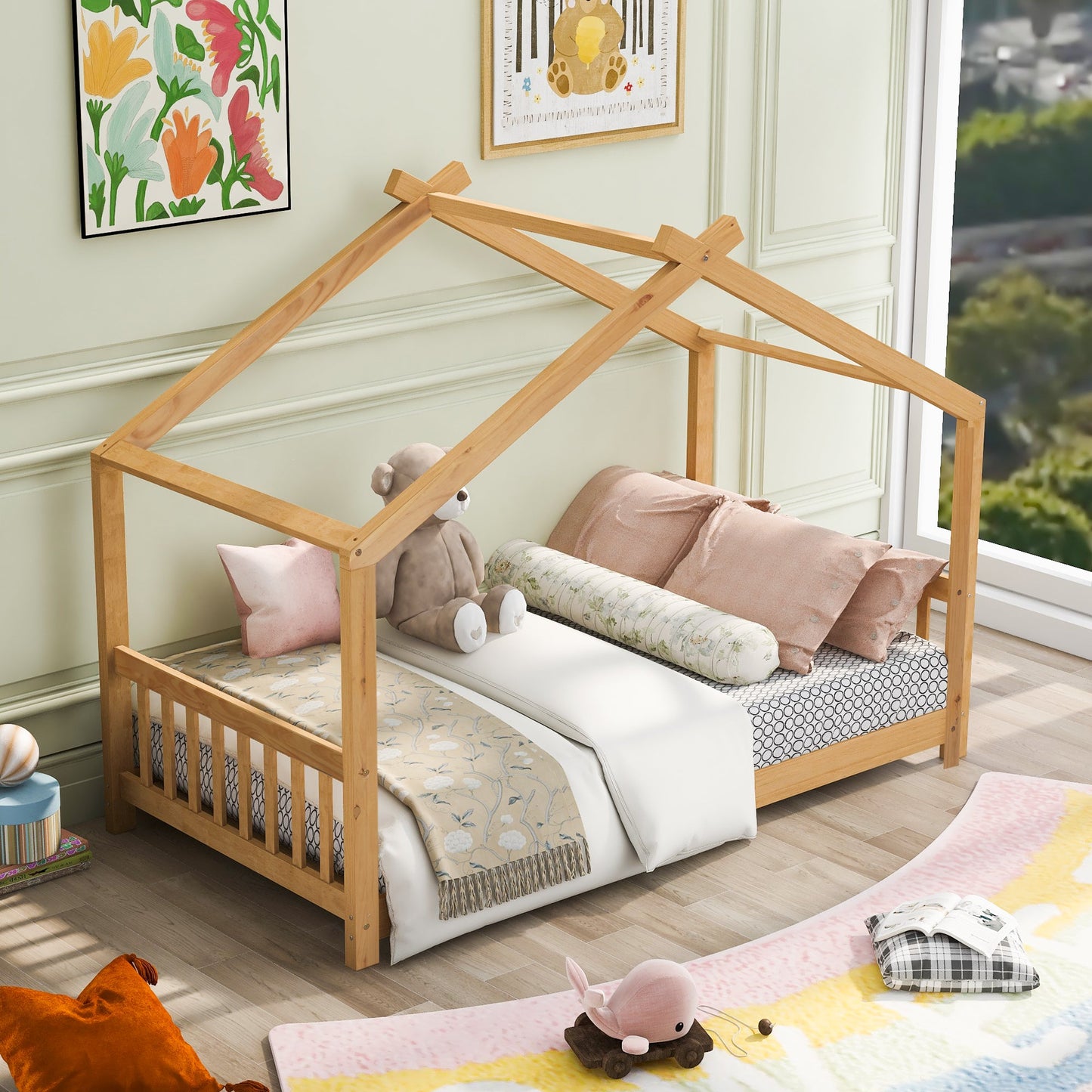 Twin Size House Platform Bed with Headboard and Footboard
