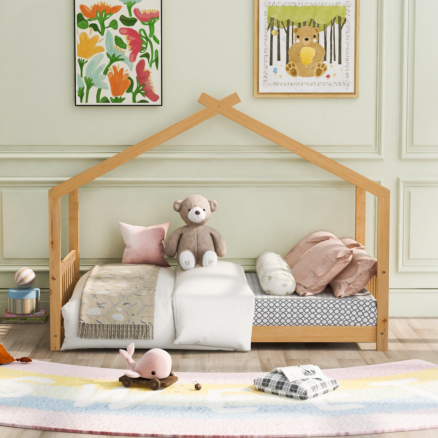 Twin Size House Platform Bed with Headboard and Footboard