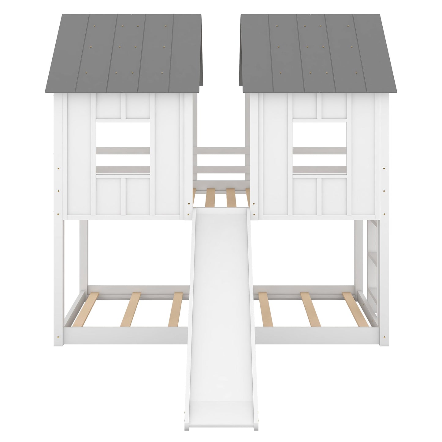 Twin Over Twin House Bunk Bed with Slide and Windows