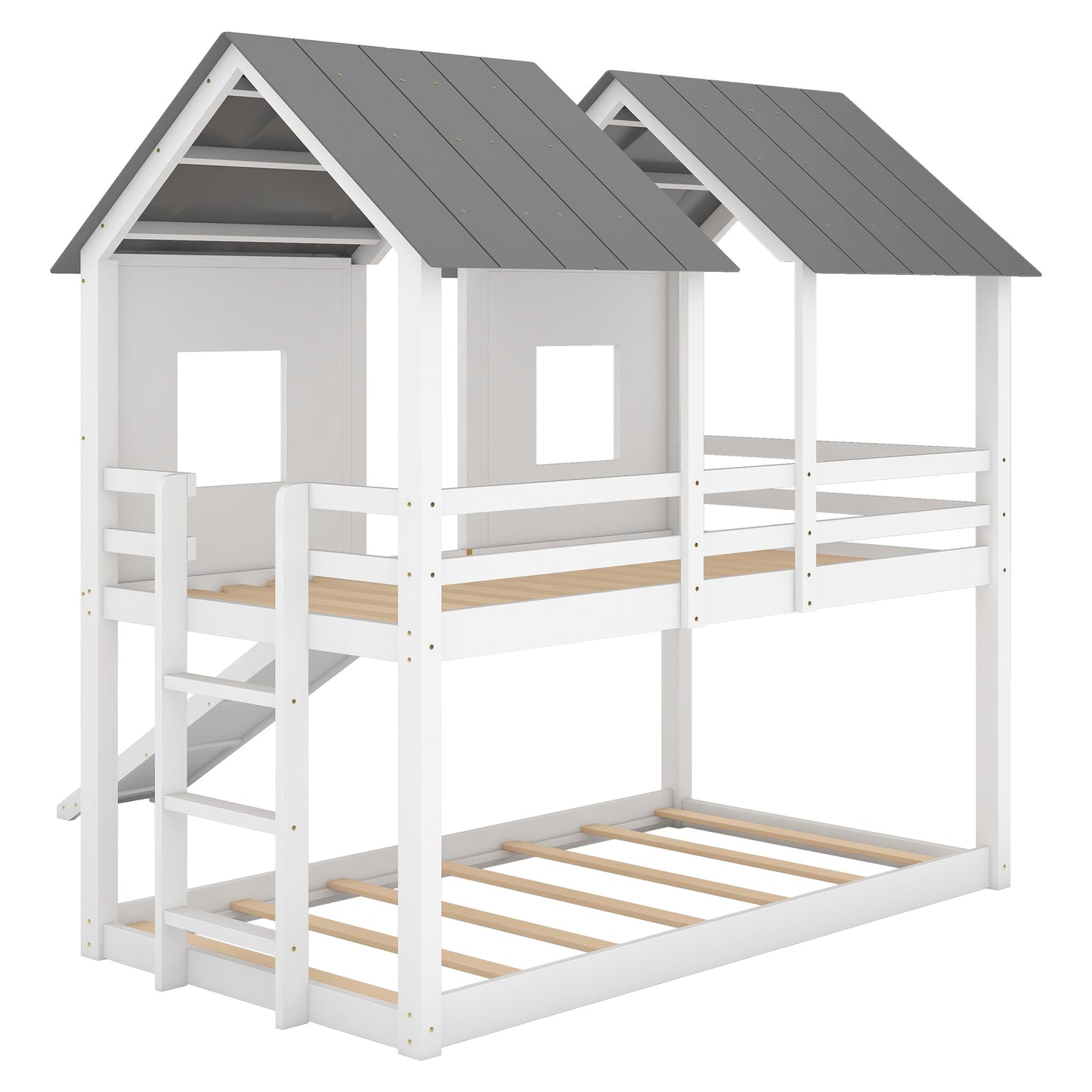 Twin Over Twin House Bunk Bed with Slide and Windows