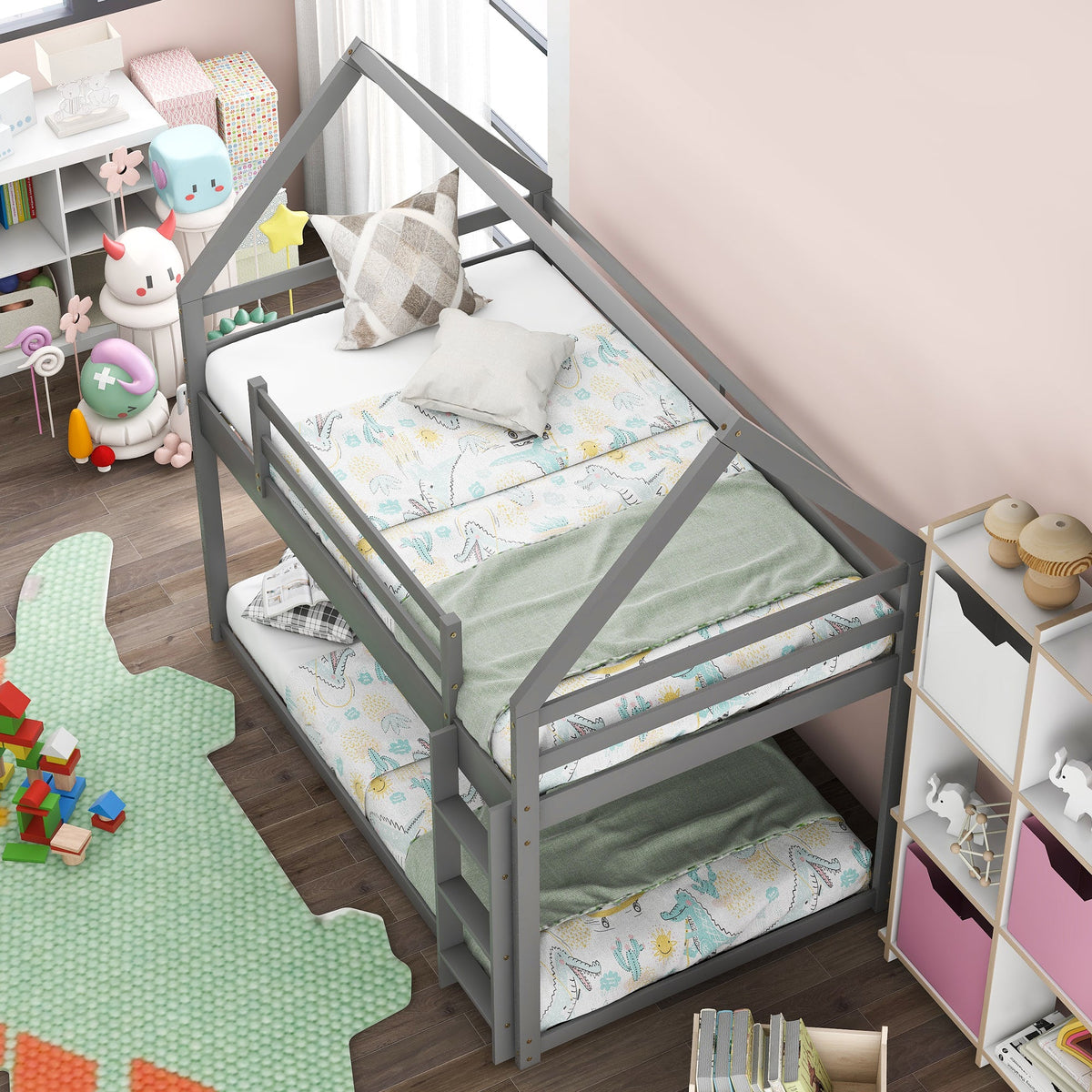 Twin Over Twin Low Bunk Bed with Ladder, Gray