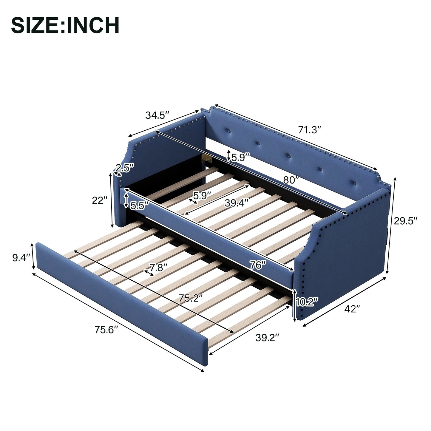 Upholstered Daybed with Trundle, Wood Slat Support, Twin Size