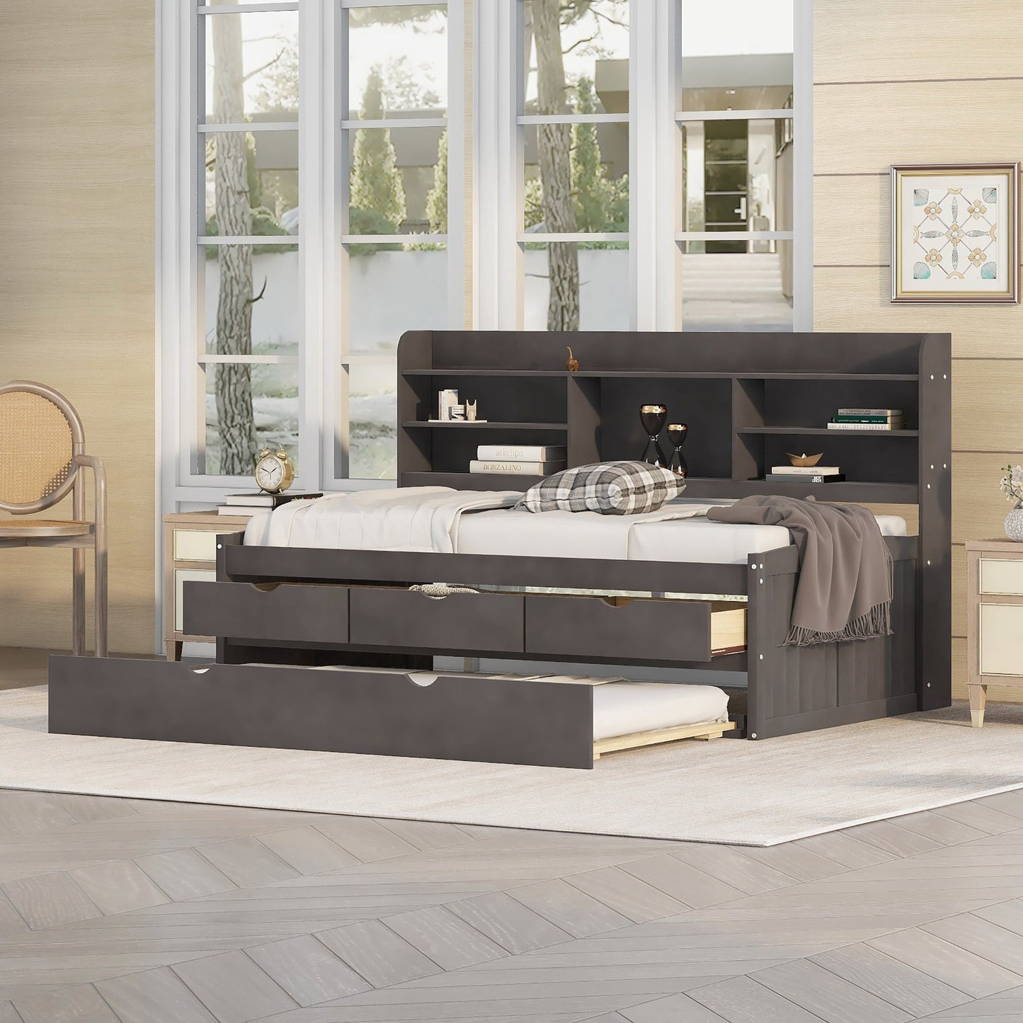 Twin Size Wooden Captain Bed with Built-in Bookshelves, Three Storage Drawers, and Trundle, Antique