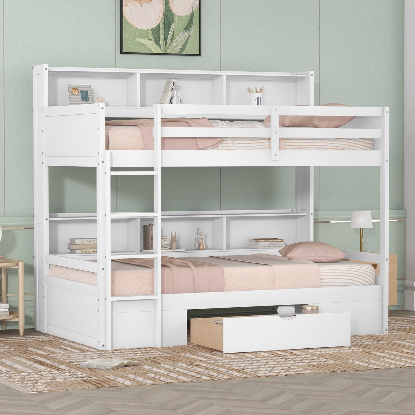 Twin Size Bunk Bed with Built-in Shelves Beside Both Upper and Down Bed