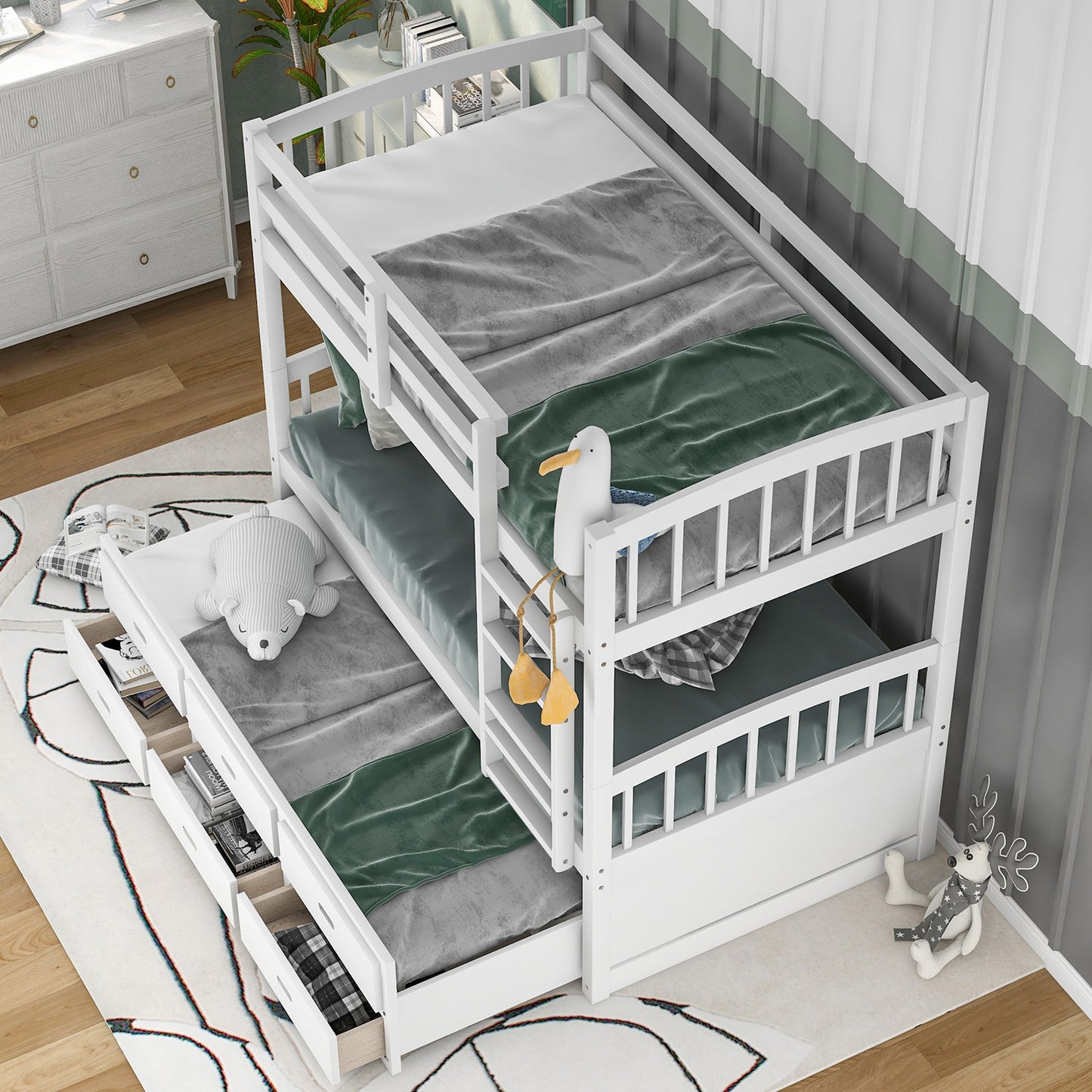 Twin Over Twin Wood Bunk Bed with Trundle and Drawers