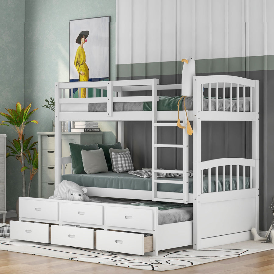 Twin Over Twin Wood Bunk Bed with Trundle and Drawers