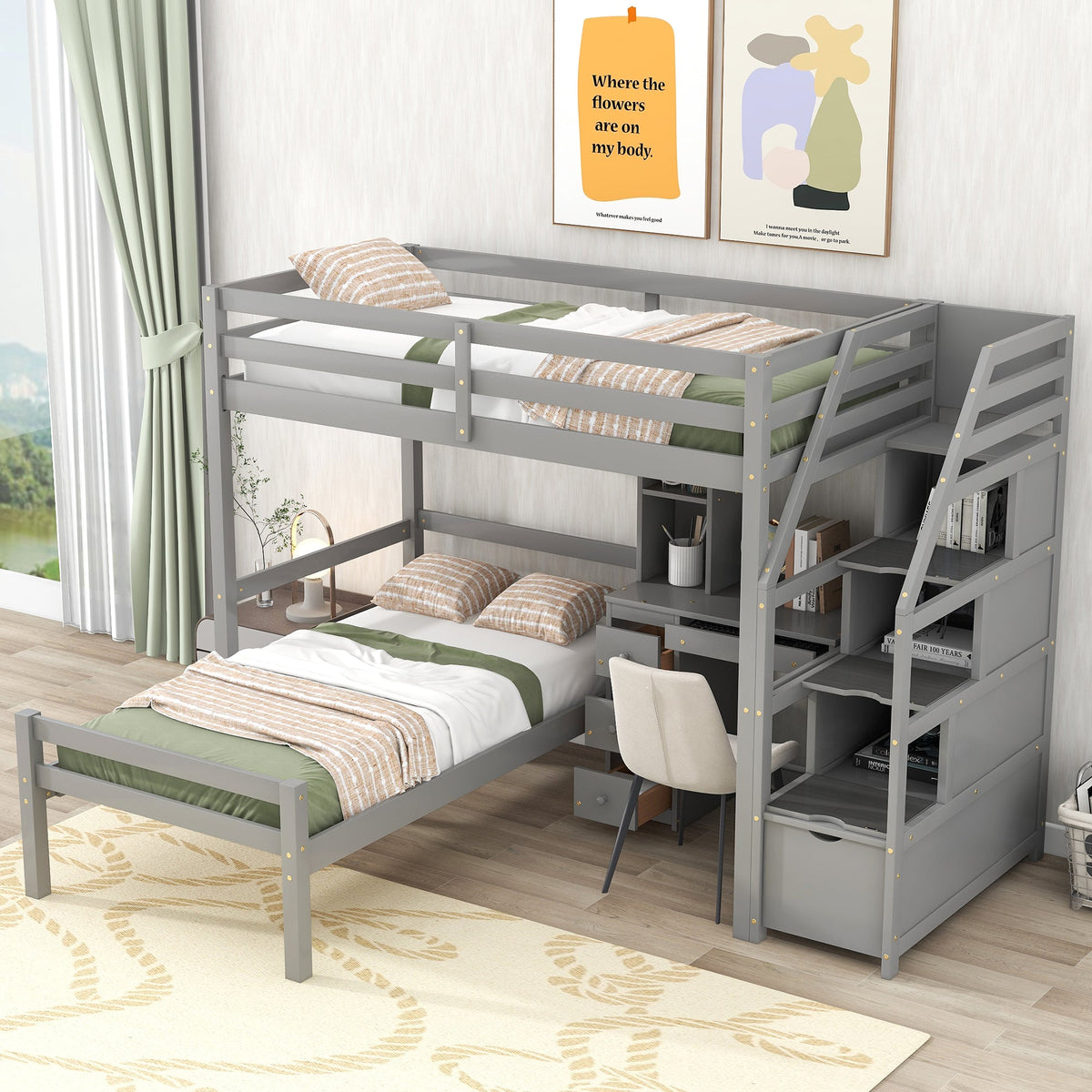 Twin Size Loft Bed with Stand-alone Bed, Storage Staircase, Desk, Shelves and Drawers