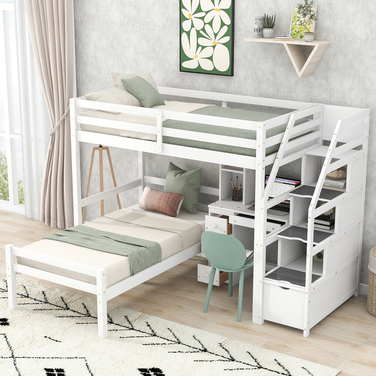 Twin Size Loft Bed with Stand-alone Bed, Storage Staircase, Desk, Shelves and Drawers