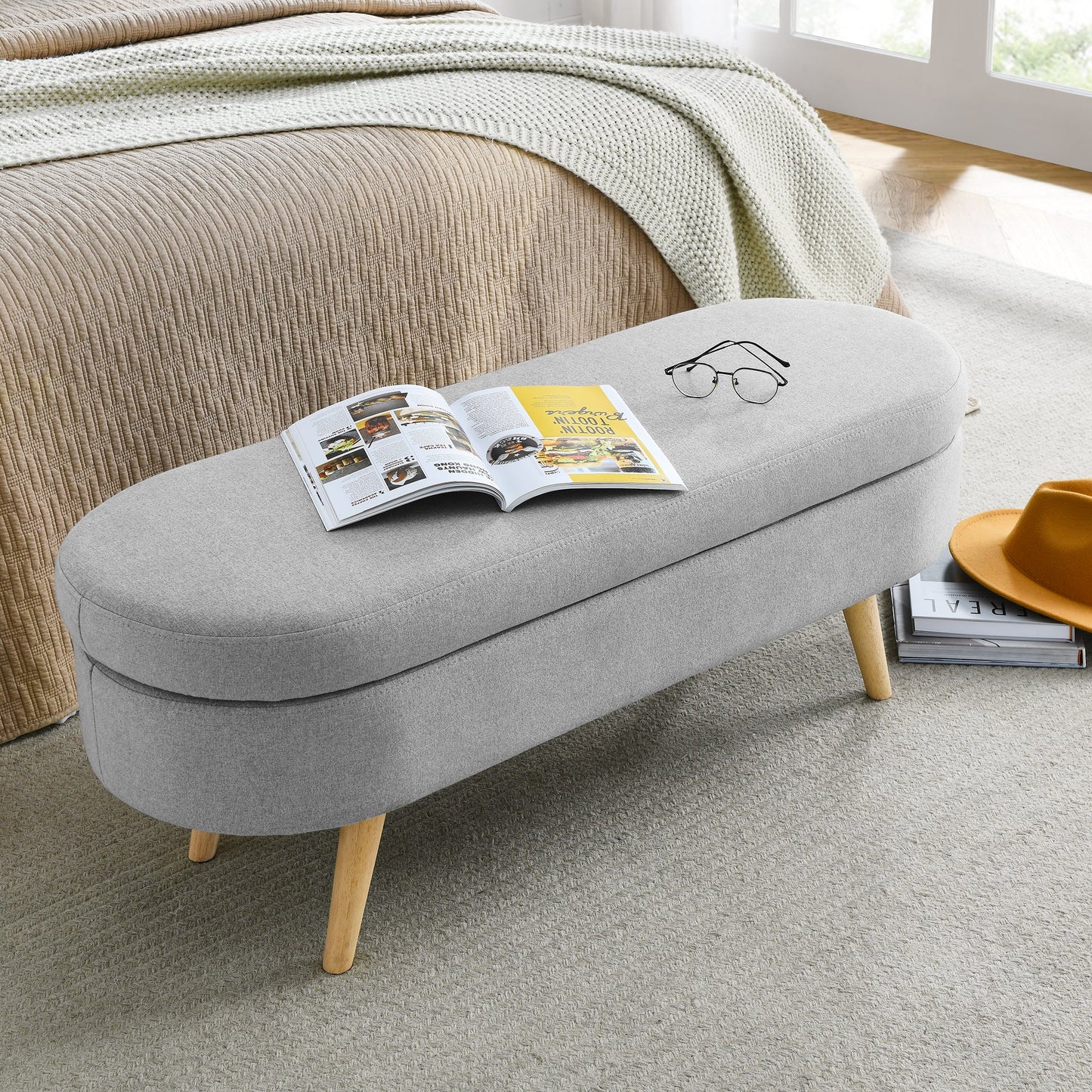 Ottoman Oval Storage Bench, Rubber Wood Legs, Grey