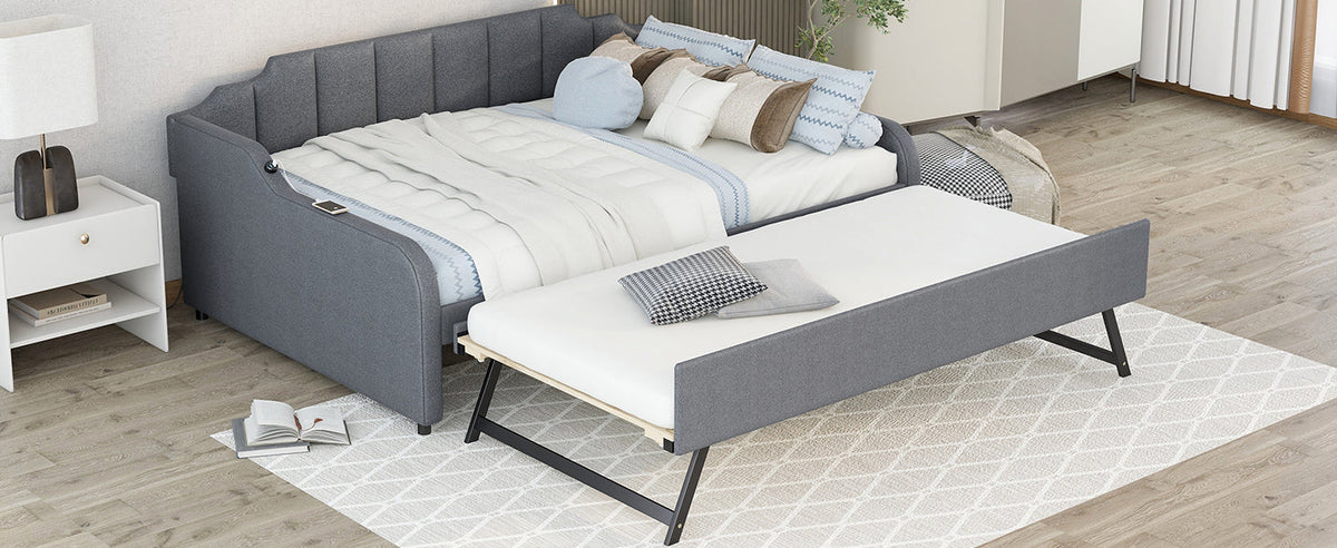 Full Size Upholstery Daybed with Trundle and USB Charging Design
