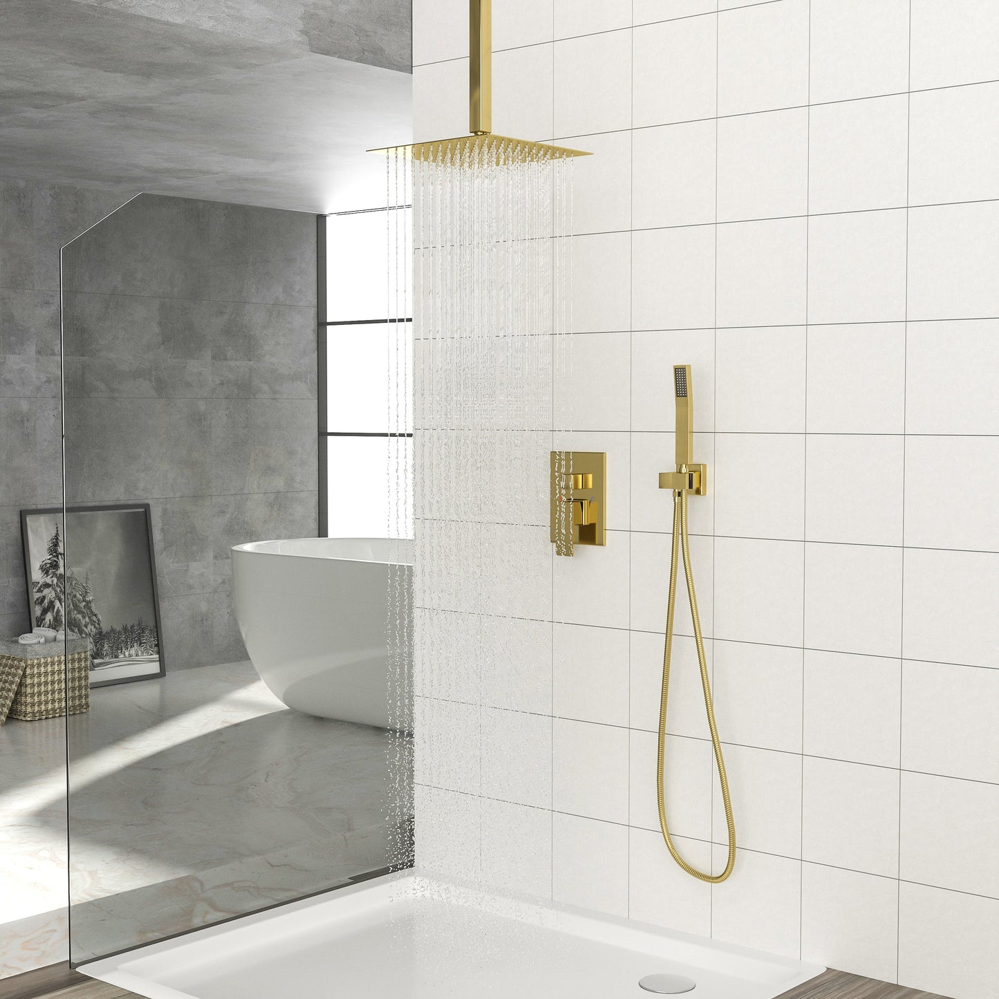 Dual Shower Head - 16 Inch Ceiling Mount Square Shower System with Rough-in Valve