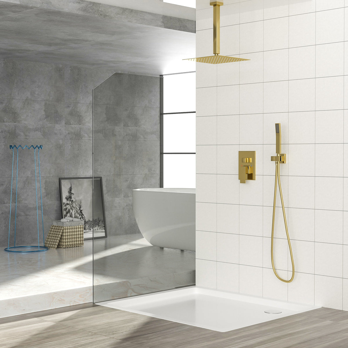 Dual Shower Head - 16 Inch Ceiling Mount Square Shower System with Rough-in Valve