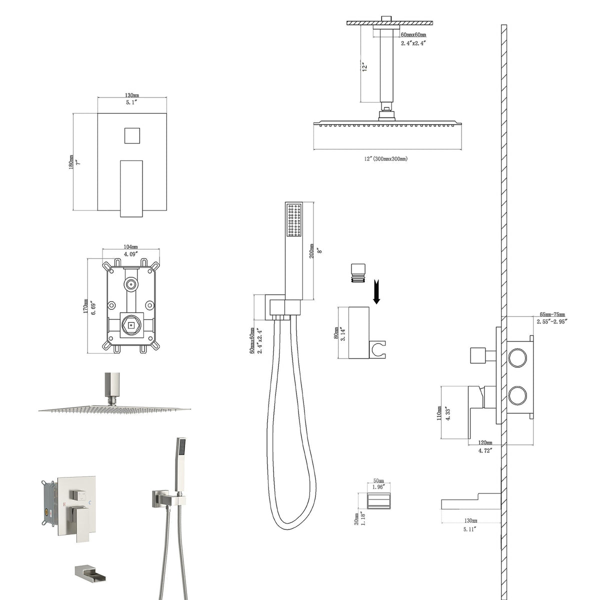 Brushed Nickel Shower System with Waterfall Tub Spout