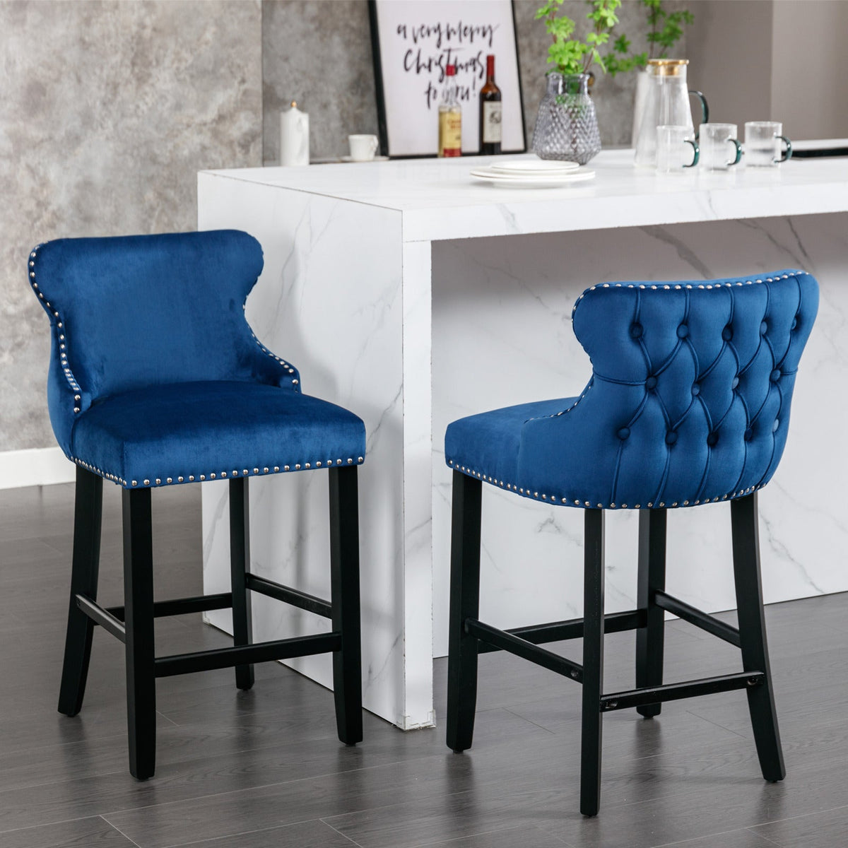 Contemporary Velvet Upholstered Wing-Back Barstools