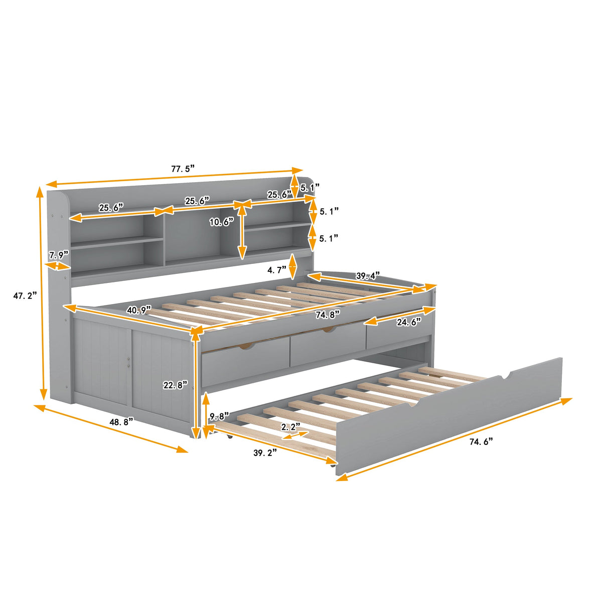 Twin Size Wooden Captain Bed with Built-in Bookshelves