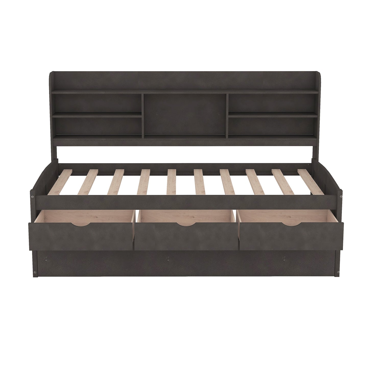 Twin Size Wooden Captain Bed with Built-in Bookshelves, Three Storage Drawers, and Trundle, Antique