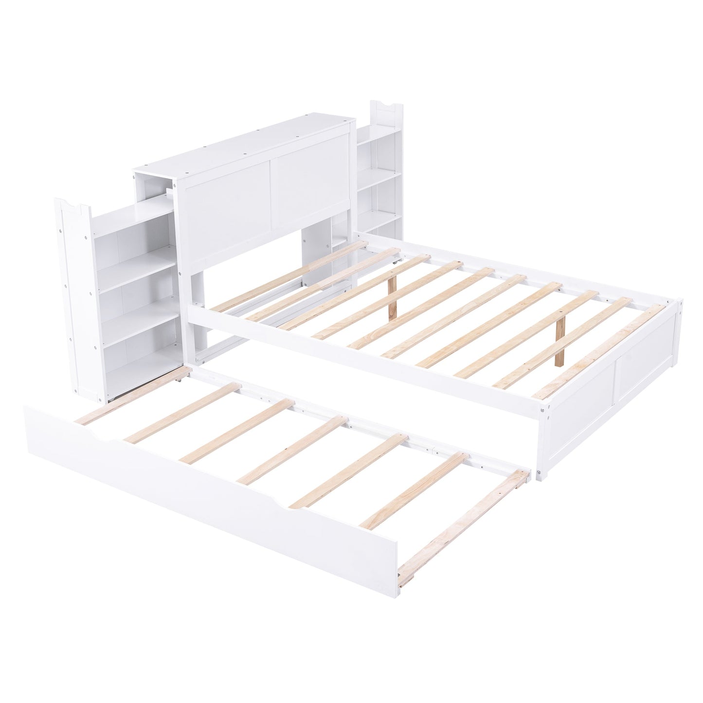 Full Size Storage Platform Bed with Pull Out Shelves and Twin Size Trundle
