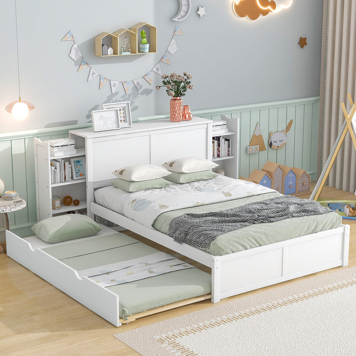 Full Size Storage Platform Bed with Pull Out Shelves and Twin Size Trundle
