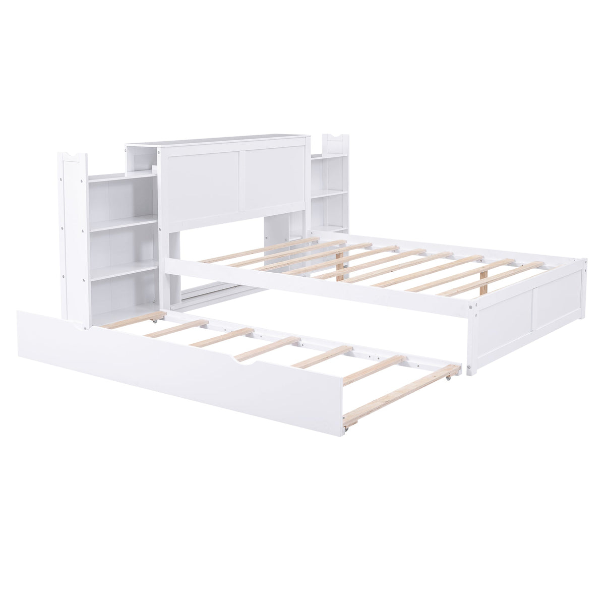 Full Size Storage Platform Bed with Pull Out Shelves and Twin Size Trundle