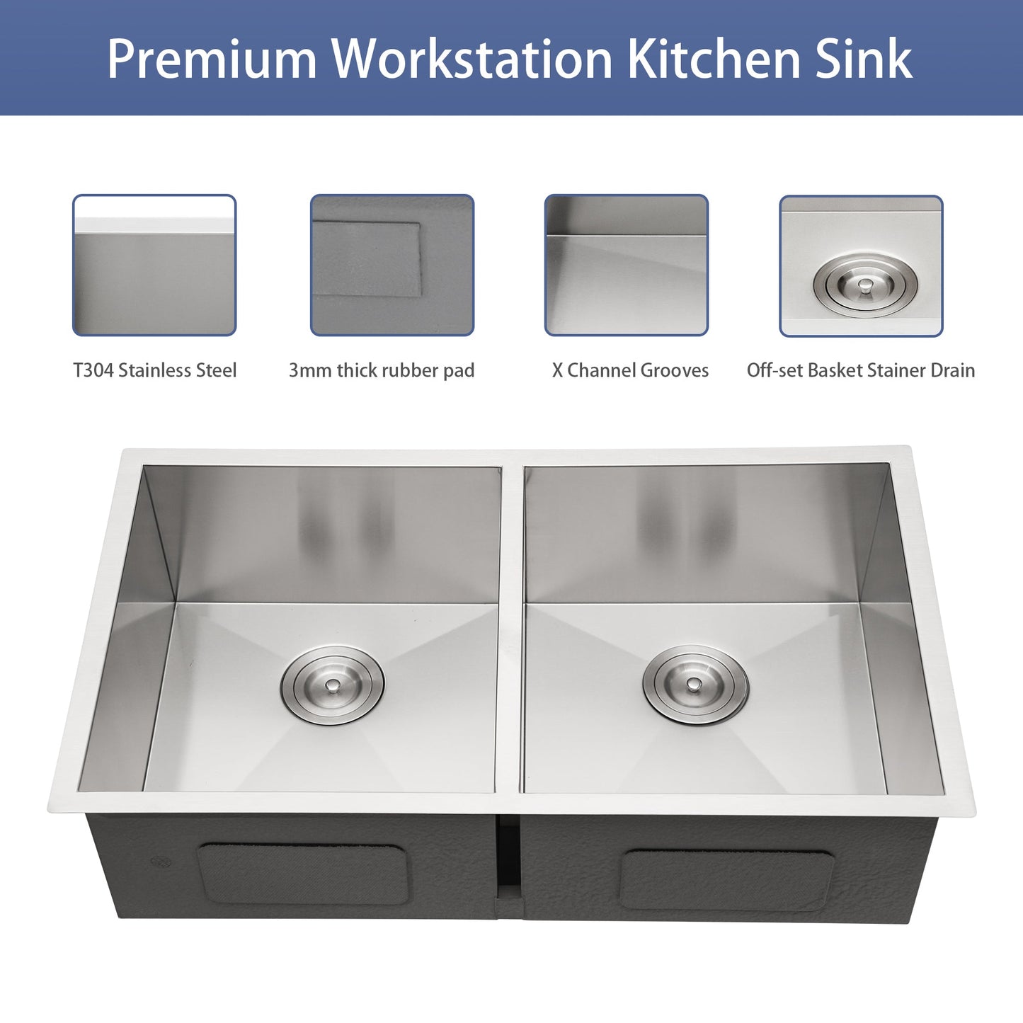 Undermount Double Bowl Kitchen Sink (50/50) in 16 Gauge Stainless Steel