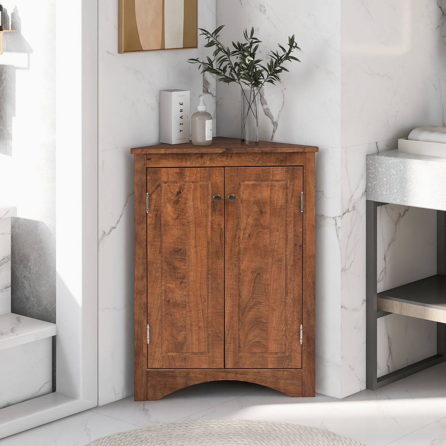 Brown Triangle Bathroom Storage Cabinet with Adjustable Shelves