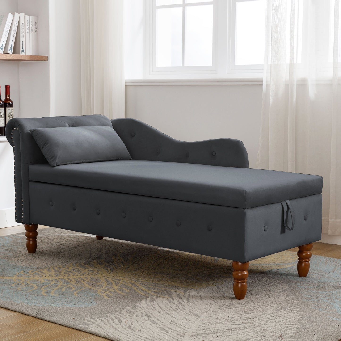 Black Chaise Lounge Indoor with Storage & Pillow