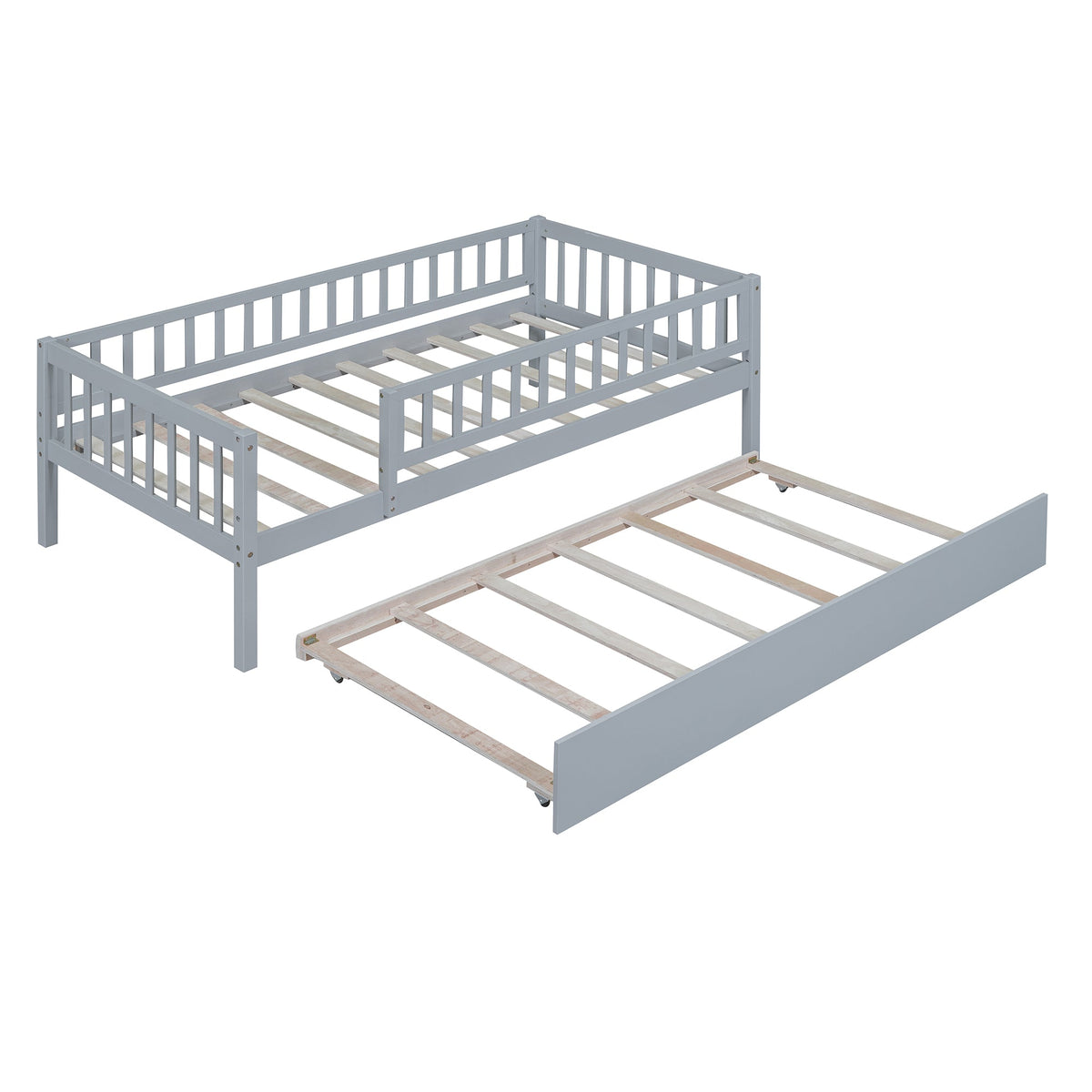 Twin Size Wood Daybed with Trundle and Fence Guardrails