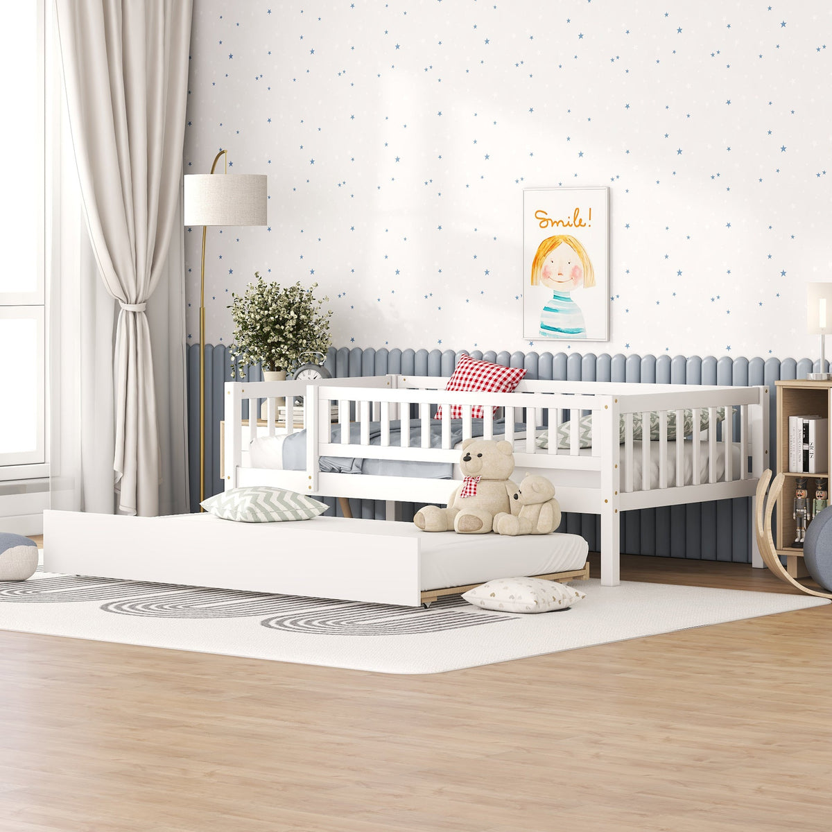 Twin Size Wood Daybed with Trundle and Fence Guardrails