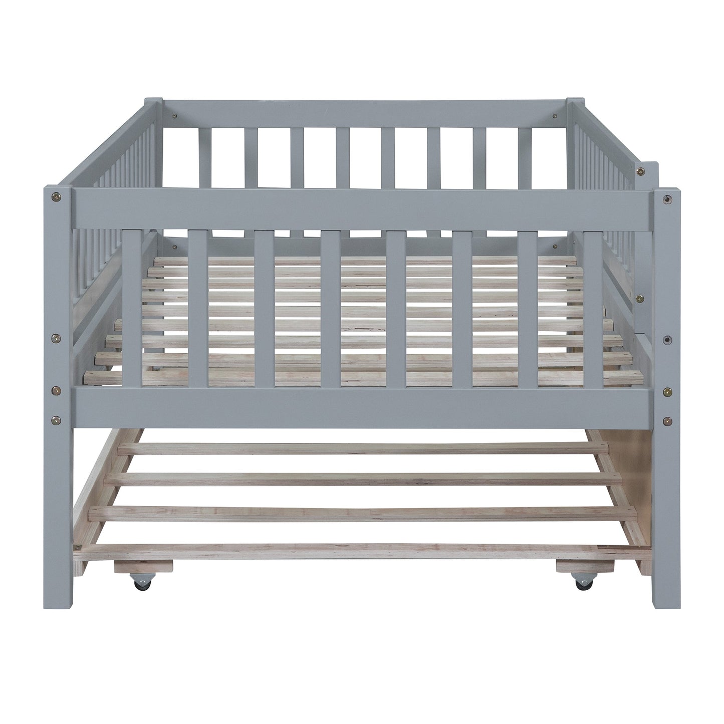 Twin Size Wood Daybed with Trundle and Fence Guardrails