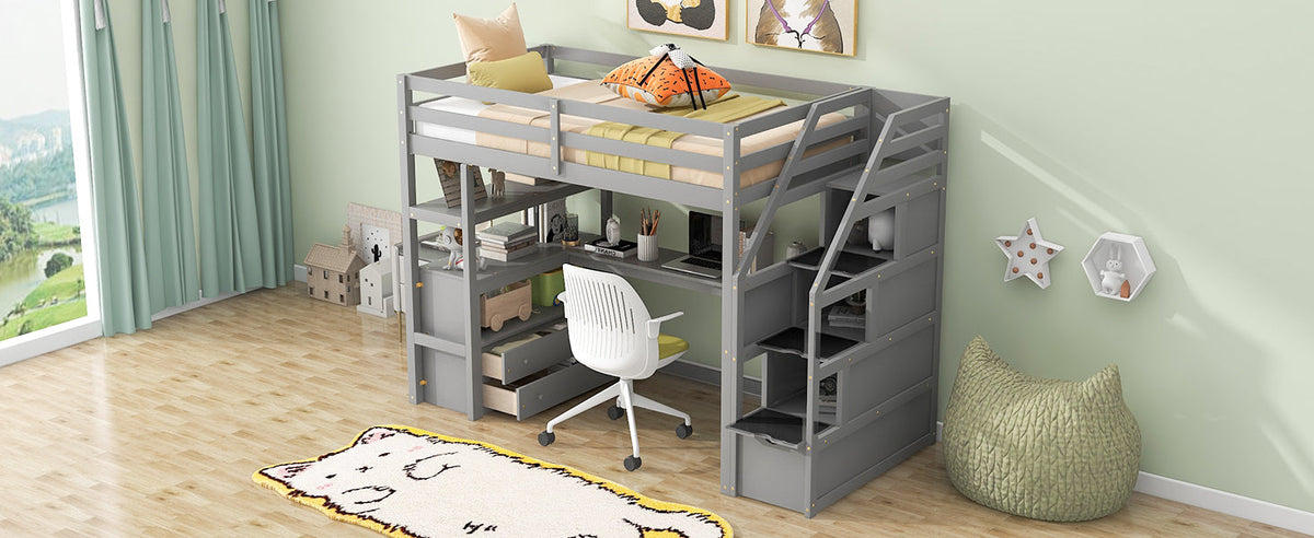 Twin Size Loft Bed with Desk and Shelves