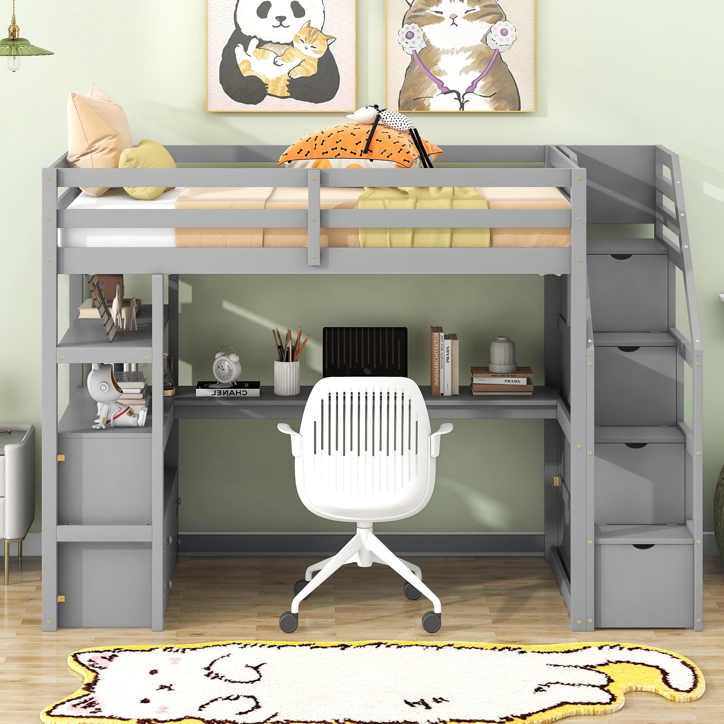 Twin Size Loft Bed with Desk and Shelves