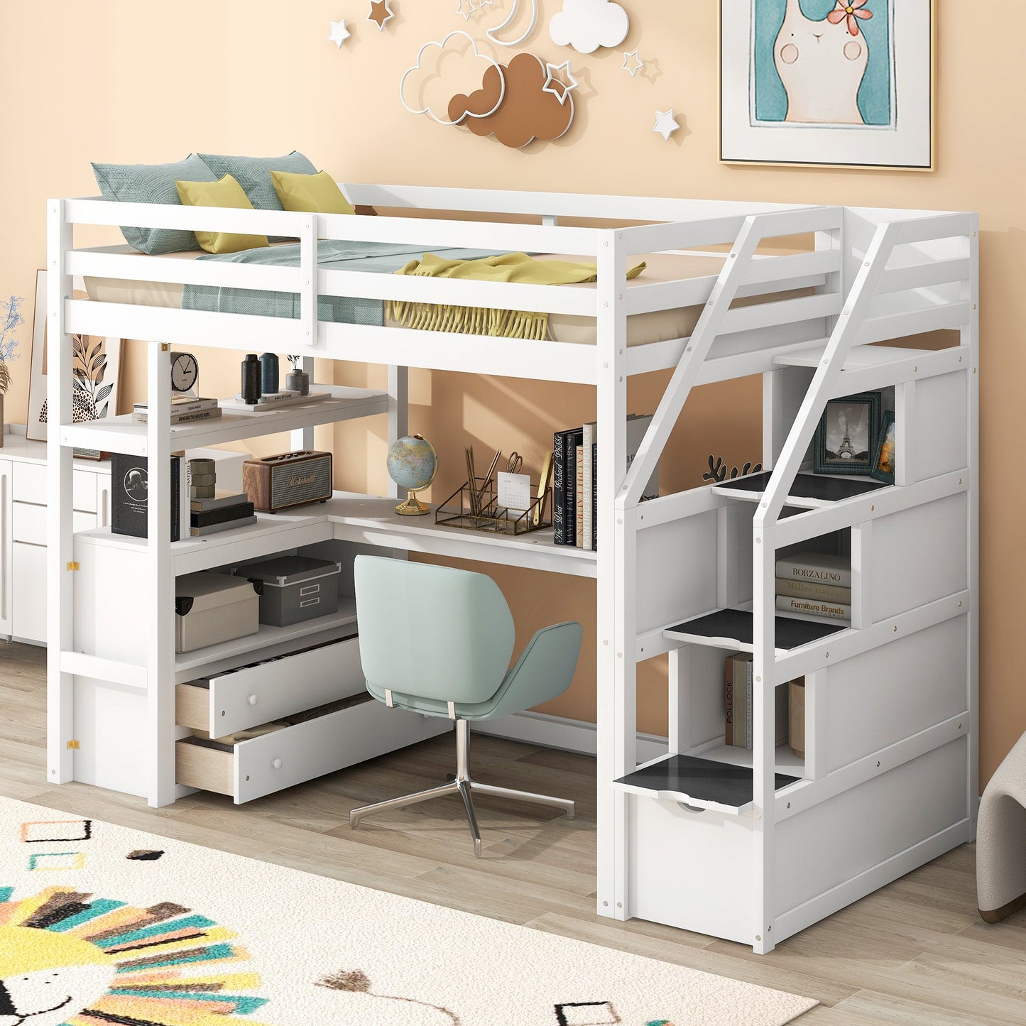 Twin Size Loft Bed with Desk and Shelves